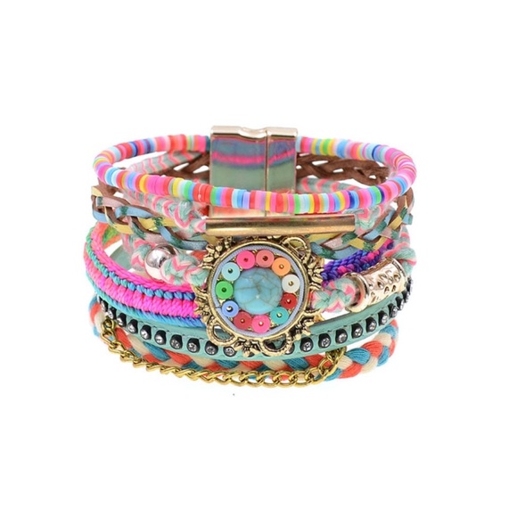 Multi-Layer Rainbow Boho Bracelet – Colorful Beads, Braids & Center Medallion – - Picture 1 of 1